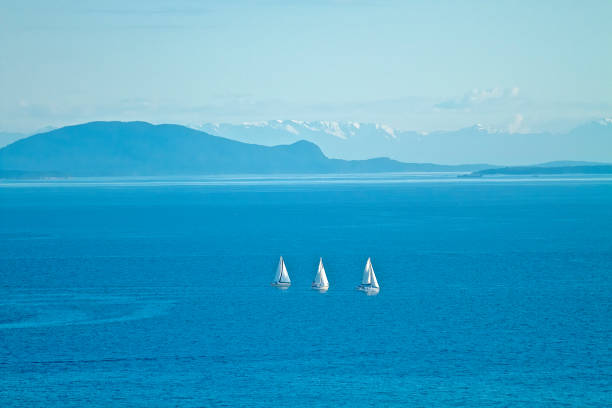 Sailboats in Vast ocean with bold blue mountains,landscape, nature in background