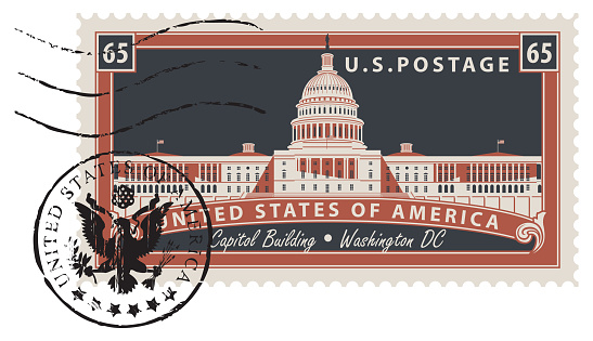 Postage stamp with inscriptions and the image of the US Capitol in Washington DC in retro style. Vector illustration of a USA stamp with a postmark in the form of coat of arms