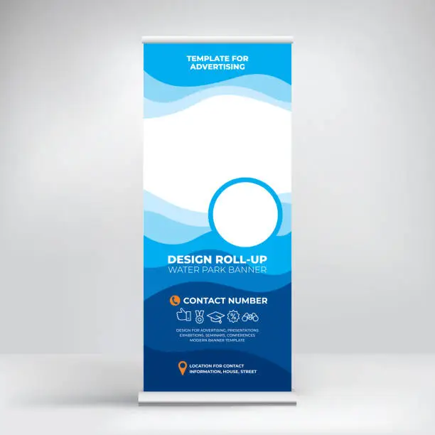 Vector illustration of Banner roll-up for water Park, creative concept for presentations and advertising, template for posting photos and text. Modern blue background with sea waves