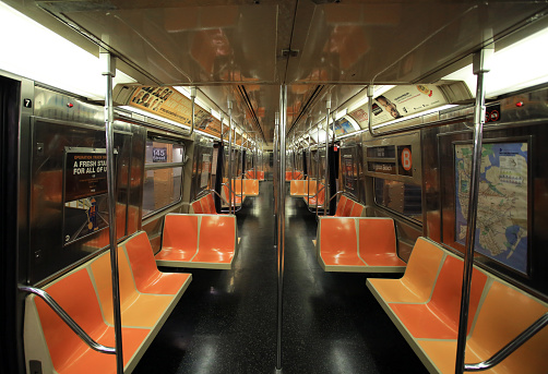 New York - 6 October 2016: the empty car in subway in new york city. The New York City Subway is the largest rapid transit system in the world by number of stations