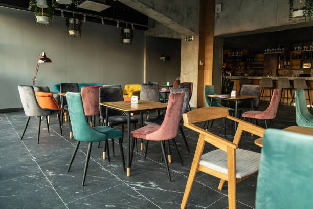 Empty modern space for drinking coffee and taking a break, without people in the morning