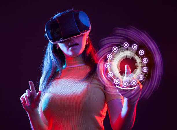 istock Young girl with VR goggles on head 1151433903