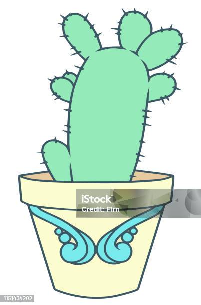 Cute Cartoon Style Opuntia Microdasys Bunny Ears Cactus In Yellow Flower Pot Vector Illustration Drawing Stock Illustration - Download Image Now