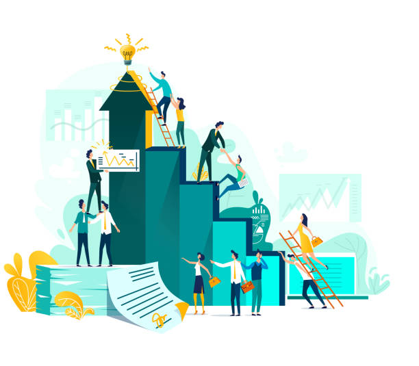 Target achievement and teamwork business concept Goal achievement and teamwork business concept, career growth and cooperation for development of project, idea vector flat cartoon illustration. Ladder of success and climbing people, company staff business strategy illustrations stock illustrations