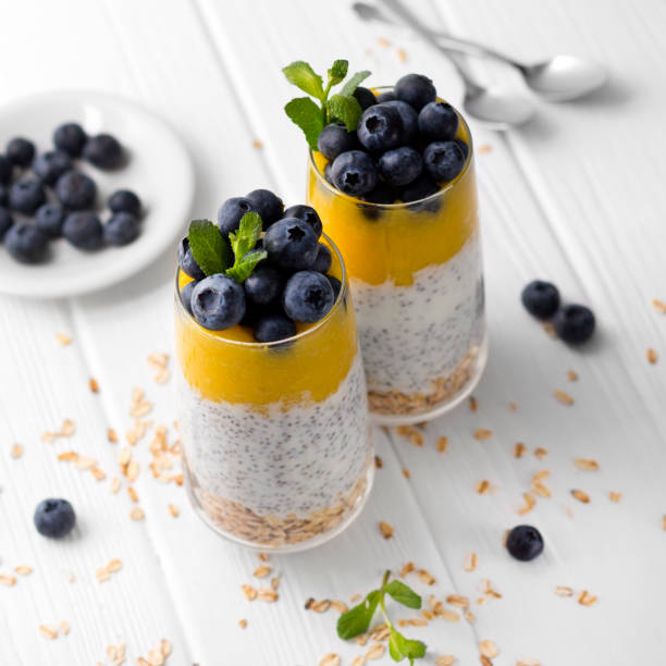 istock Two Glasses of chia pudding with blueberries, mango mousse and oat granola on the kitchen table. 1151438862