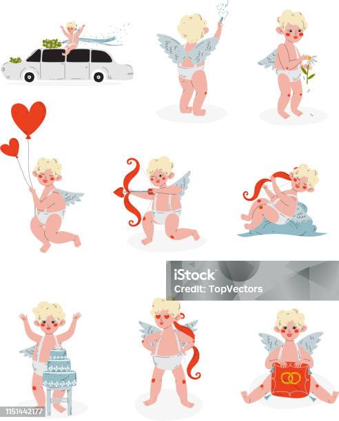 Cute Funny Cupid In Different Situations Set Amur Baby Angel In Various Poses Happy Valentine Day Symbol Vector Illustration Stock Illustration - Download Image Now