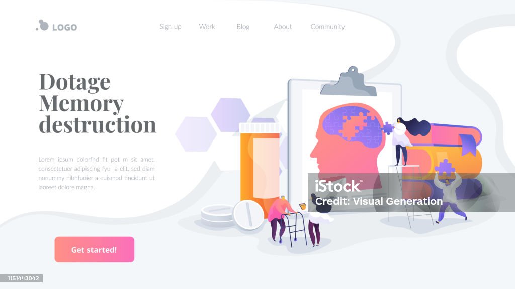 Alzheimer disease landing page concept Memory loss, brain illness treatment, therapy. Elderly people mental disorders. Caregivers with patients. Alzheimerâs disease, dementia, dotage concept. Website homepage header landing web page template. Alzheimer's Disease stock vector