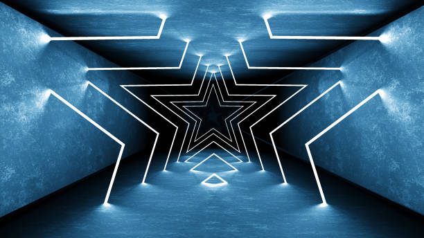 Night club interior lights 3d render for laser show. Glowing lines. Abstract fluorescent background. Neon room corridor background. Light abstract futuristic design. Modern geometric glow interior. Perspective bright electric lamp wallpaper. Wall illumina