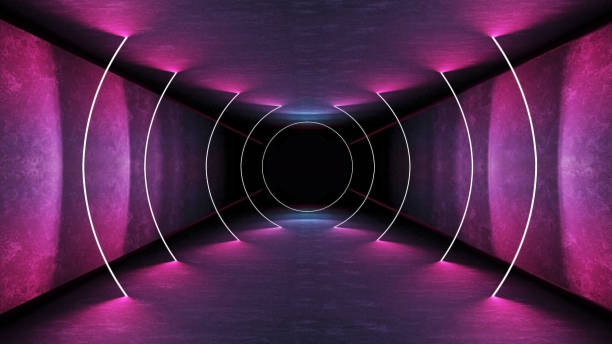 Night club interior lights 3d render for laser show. Glowing lines. Abstract fluorescent background. Neon room corridor background. Light abstract futuristic design. Modern geometric glow interior. Perspective bright electric lamp wallpaper. Wall illumination technology tunnel with matte reflection. Led lights backdrop. luces interiores del club de noche 3d render para láser show. líneas brillantes. fondo fluorescente abstracto. fondo de pasillo de habitación de neón. diseño futurista abstracto ligero. interior de brillo geométrico moderno. perspectiva brillante luz