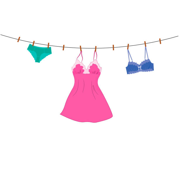 illustrations, cliparts, dessins animés et icônes de sous-vêtements féminins sur une corde avec des pinces à linge - bra lingerie clothesline underwear