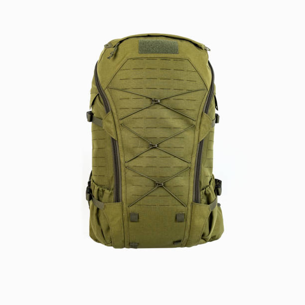 istock green hiking backpack for hunters camouflage with side pockets on a white background, 1151447452