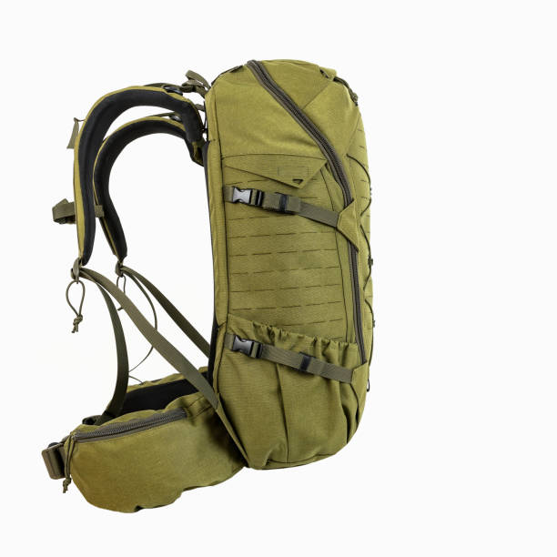 istock green hiking backpack for hunters camouflage with side pockets on a white background, 1151447524