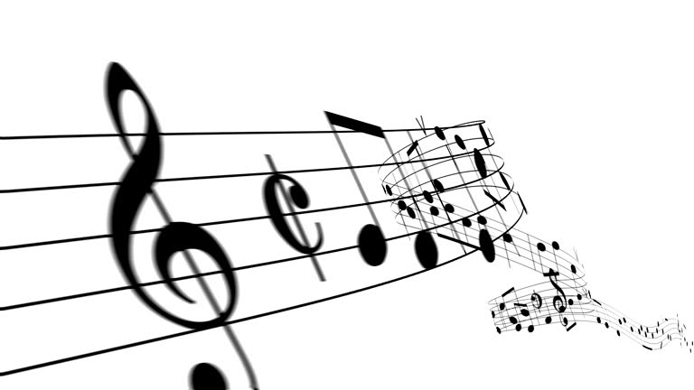 Beautiful Music Notes Flowing on White Background Like a Melody Seamless. Looped 3d Animation with Alpha Mask.