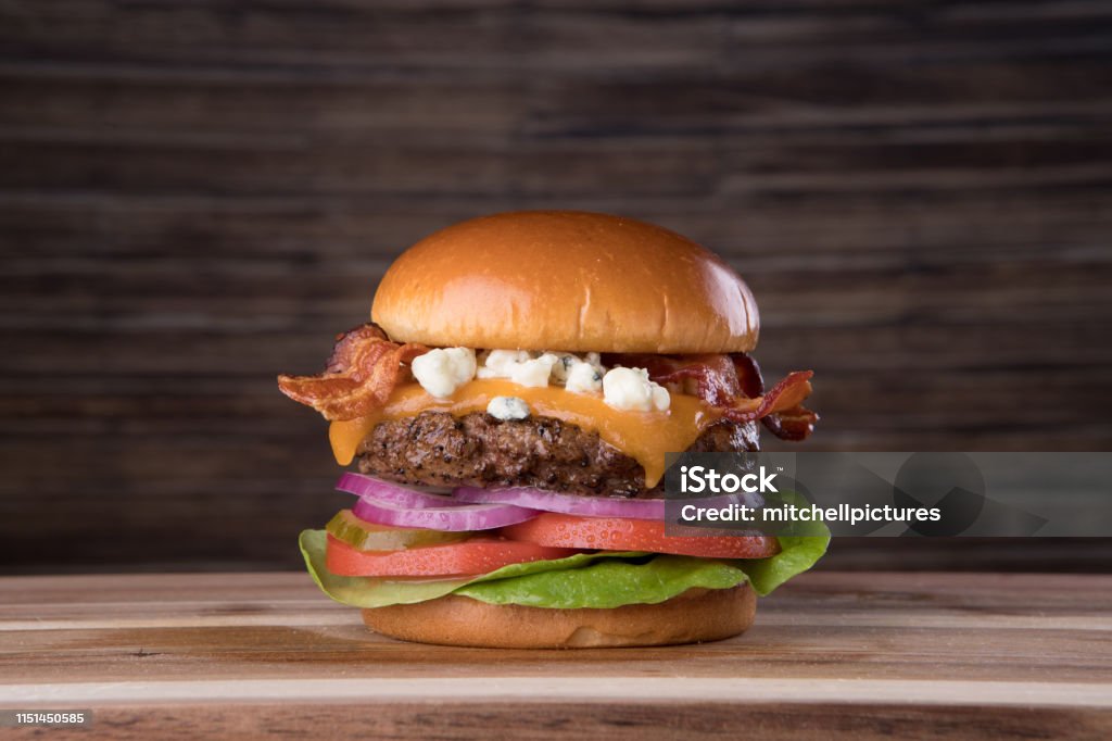 Bacon Blue Cheese Burger Fresh bacon blue cheeseburger Burger Stock Photo