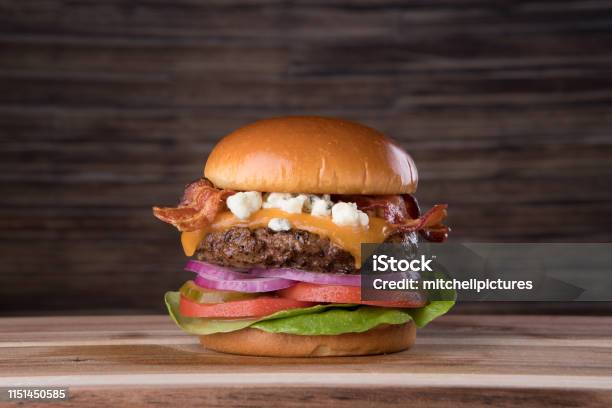 Bacon Blue Cheese Burger Stock Photo - Download Image Now - Burger, Brioche, Blue Cheese