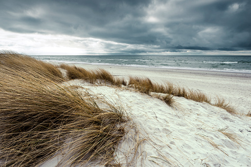 Sand dune and marram grass under storm cloud