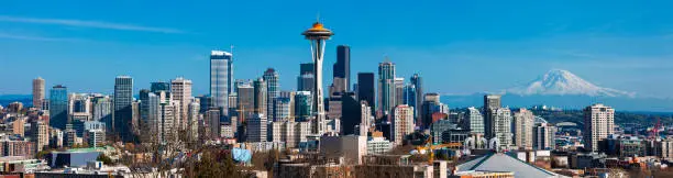 Panoramic shot of downtown skyline of Seattle in Washington State, USA. Multiple files stitched.