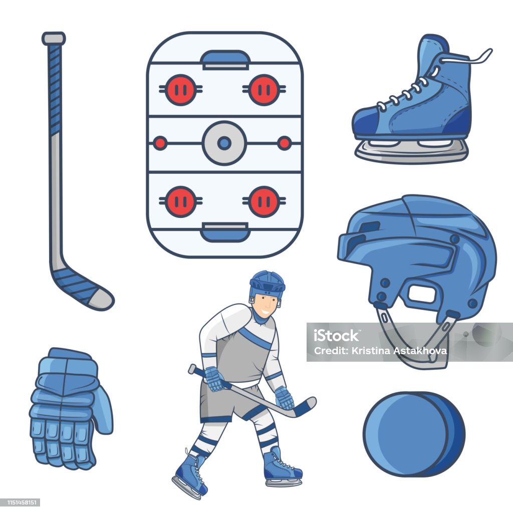Hockey design elements in cartoon style. Hockey logo design elements - court, hockey player, stick, glove, helmet, ice skating in cartoon flat style. Hockey Player stock vector