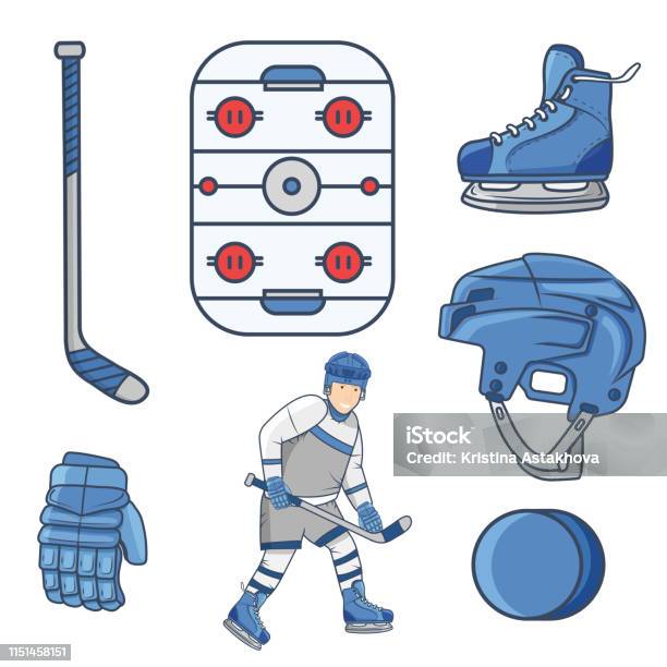 Hockey Design Elements In Cartoon Style Stock Illustration - Download Image Now - Hockey Player, Icon Symbol, Ice Hockey Helmet