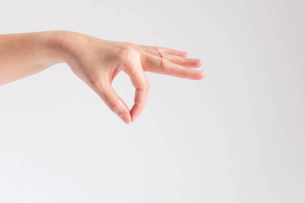 A hand of woman posturing thumb and forefinger touch together and other finger stretch forward on white background. A hand showing thumb and forefinger touch together at tip; and other fingers forward; posturing like holding small object or catching at end of thin, fine and fastigiate object. pollex stock pictures, royalty-free photos & images