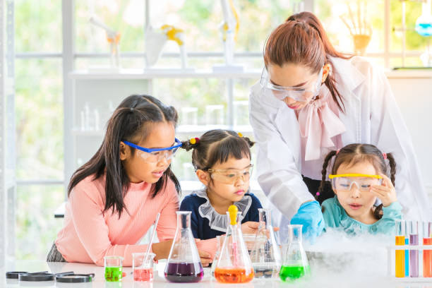 istock Teacher and students in lab, smoke float out. 1151463476