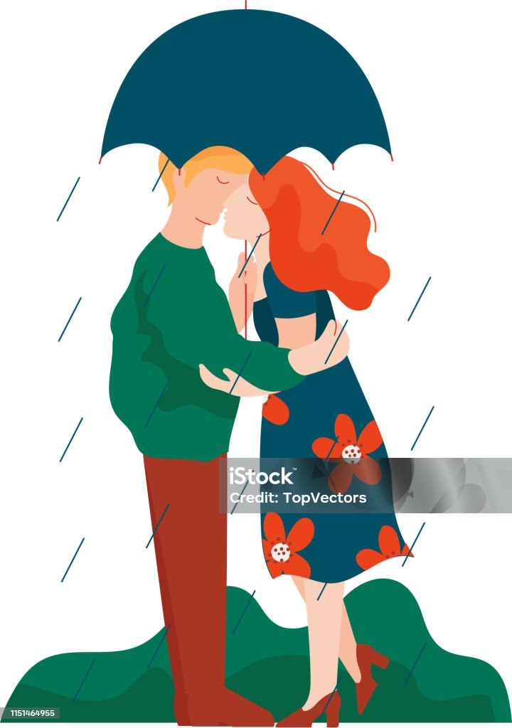 Young Man and Woman Embracing and Kissing under Umbrella, Romantic Couple Walking in Rain, Happy Lovers on Date Vector Illustration Young Man and Woman Embracing and Kissing under Umbrella, Romantic Couple Walking in Rain, Happy Lovers on Date Vector Illustration on White Background. Embracing stock vector