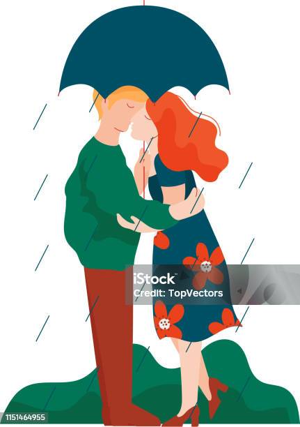 Young Man And Woman Embracing And Kissing Under Umbrella Romantic Couple Walking In Rain Happy Lovers On Date Vector Illustration Stock Illustration - Download Image Now