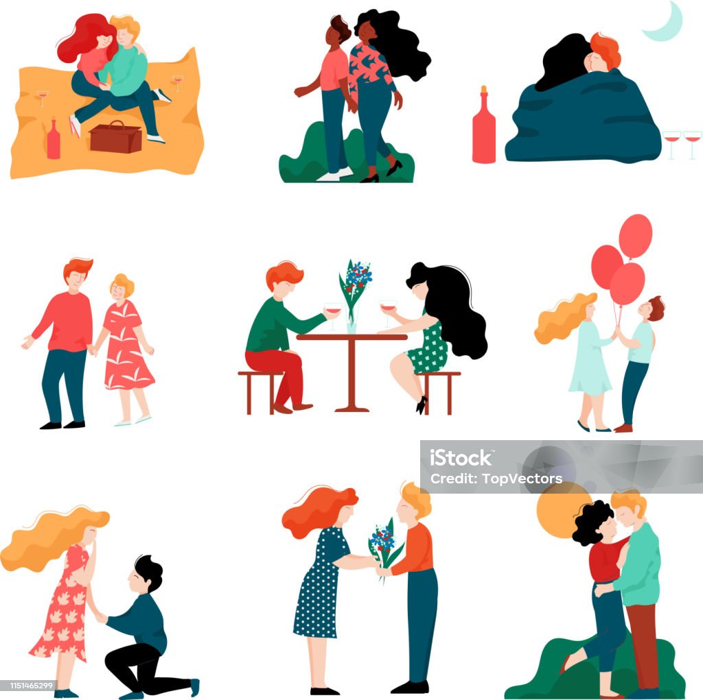 Happy Young Men and Women on Dates Set, Romantic Couples Embracing, Kissing and Holding hands, Happy Lovers on Date Vector Illustration Happy Young Men and Women on Dates Set, Romantic Couples Embracing, Kissing and Holding hands, Happy Lovers on Date Vector Illustration on White Background. Adult stock vector