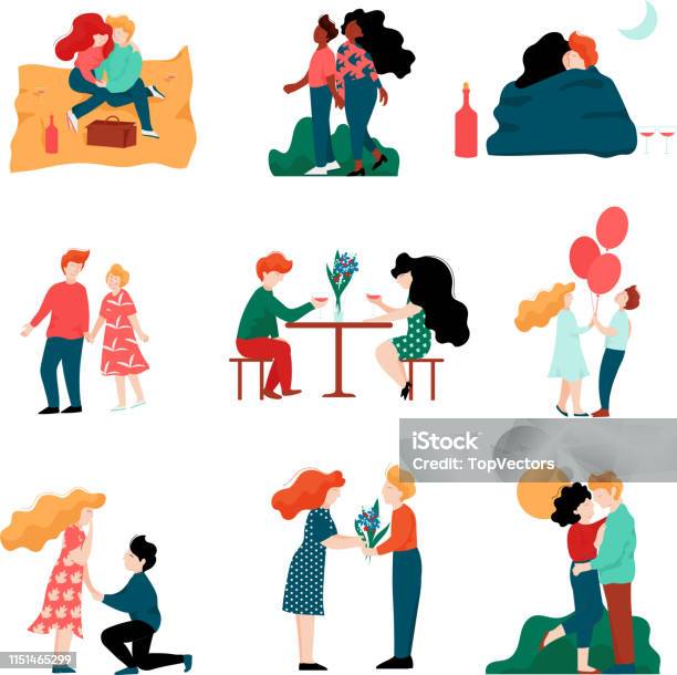 Happy Young Men And Women On Dates Set Romantic Couples Embracing Kissing And Holding Hands Happy Lovers On Date Vector Illustration Stock Illustration - Download Image Now