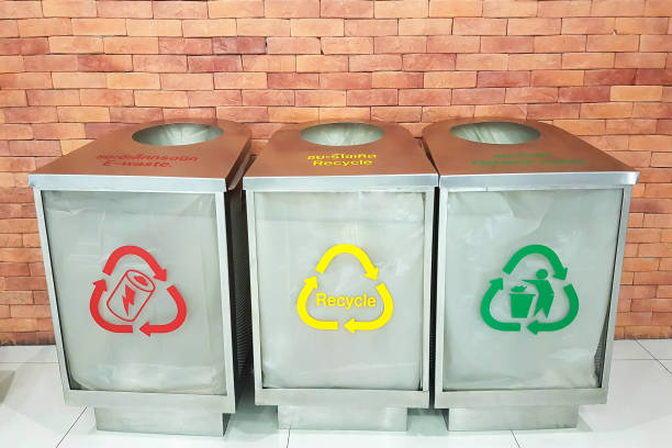 istock Three bins with separate color and symbol for each category of garbage. 1151466255