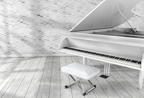 surreal image of white grand piano in room.