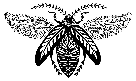 Beetle Flying Insect Cicada Floral Pattern. An original artwork vector illustration of flying insect.This inspirational flat design can be a logo, postcard, invitation, web banner, shop window, postcard, invitation, poster or flyer.