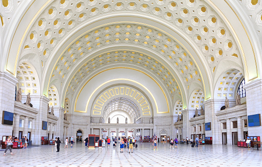 Washington D.C.,USA - May 19, 2019: The interior of Union Station, the historic train and bus station in Washington D.C. Opened in 1907, it is Amtrak's headquarters.