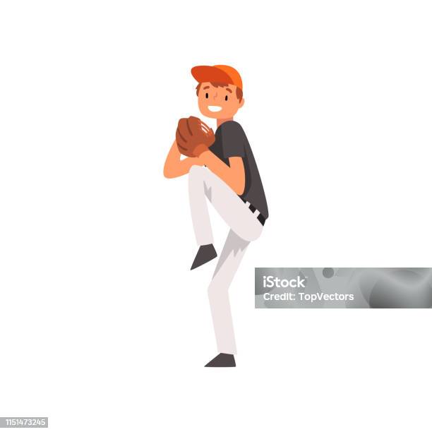 Smiling Catcher Baseball Player Character In Uniform And Outfield Glove With Ball Vector Illustration Stock Illustration - Download Image Now