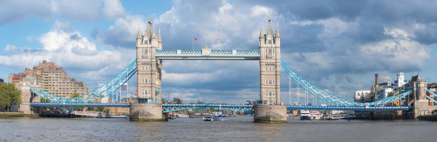 панорамный вид на тауэрский мост в лондоне. - tower bridge london england panoramic bridge стоковые фото и изображения