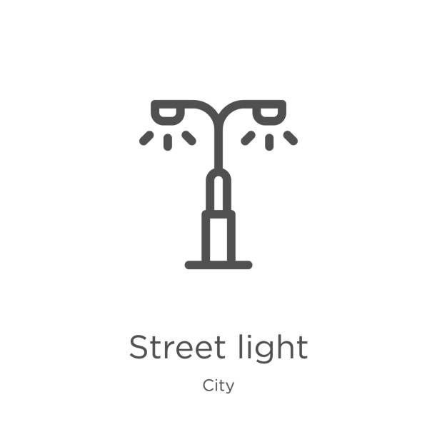 ilustrações, clipart, desenhos animados e ícones de vetor do ícone da luz de rua da coleção da cidade. linha fina rua ilustração do vetor do esboço do ícone da luz. esboço, ícone fino da luz de rua da linha para o projeto do web site e móbil, desenvolvimento do app. - poste