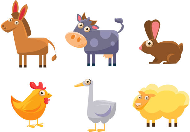 istock Cute farm animals set, donkey, cow, chicken, rabbit, goose, sheep vector Illustration 1151474974