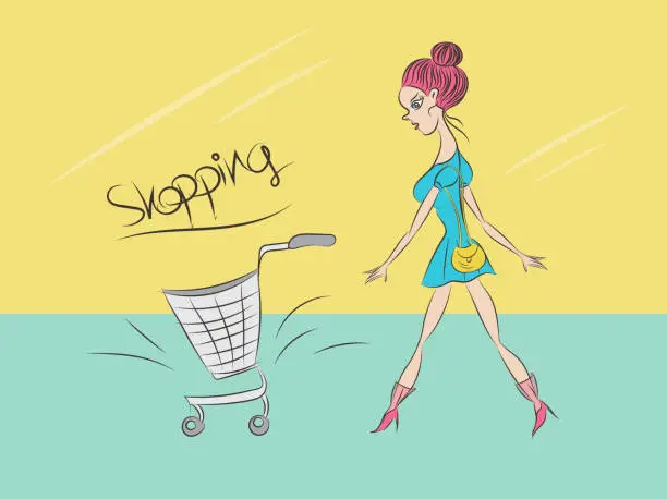 Vector illustration of Beautiful Women shopping and Shopping cart vector illustration, hand drawn youn girl, cartoon, drawing cute person