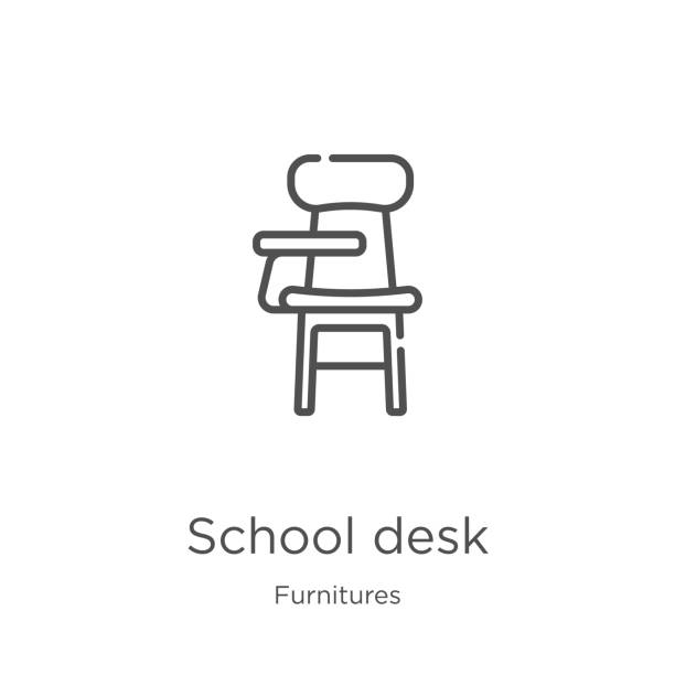 ilustrações, clipart, desenhos animados e ícones de vetor do ícone da mesa da escola da coleção das mobílias. linha fina da mesa da escola esboço do ícone ilustração do vetor. esboço, ícone fino da mesa da escola da linha para o projeto do web site e móvel, desenvolvimento do app. - furnitures