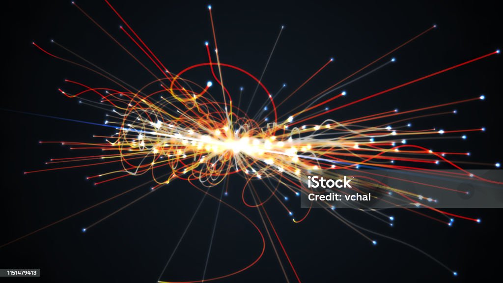 Particles collision in Hadron Collider. Astrophysics concept. 3D rendered illustration. Colliding Stock Photo