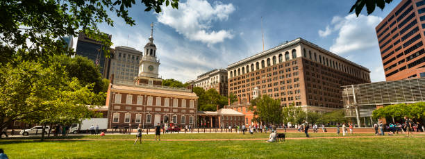 Independence Hall panoramic in Philadelphia Pennsylvania USA Philadelphia, Pennsylvania, USA - June 26, 2018: Independence Hall is where the Declaration of Independence and the U.S. Constitution were signed in Philadelphia Pennsylvania USA independence hall stock pictures, royalty-free photos & images