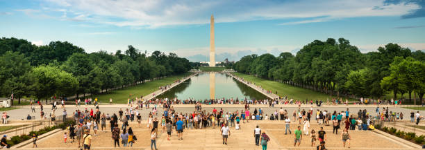 Washington Monument from the Lincoln Memorial panoramic in DC USA Washington DC, USA - June 23, 2018:  Washington DC Monument and the US Capitol Building across the reflecting pool from the Lincoln Memorial on The National Mall USA washington monument reflecting pool stock pictures, royalty-free photos & images
