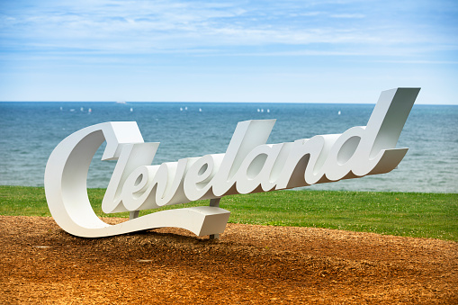 Cleveland, Ohio, USA - June 19, 2018:  The famous Cleveland sign landmark script Lake Erie Ohio USA