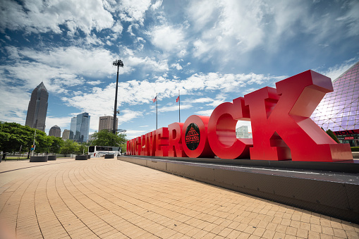 Cleveland, Ohio, USA - June 19, 2018:  The Rock and Roll Hall of Fame on the shore of Lake Erie in downtown Cleveland, Ohio, recognizes and archives the history of the influence on and development of rock and roll.