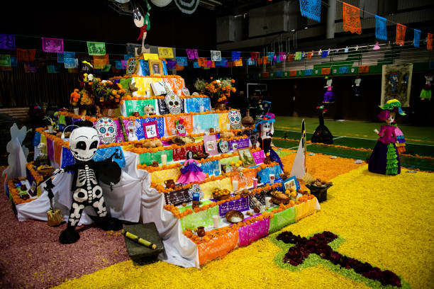 Day of the Dead in Mexico. Monterrey Nuevo Leon, Mexico. November 2, 2017.  Catrina representation in the "Day of the Dead" in Mexico. Altar for the dead. altar stock pictures, royalty-free photos & images