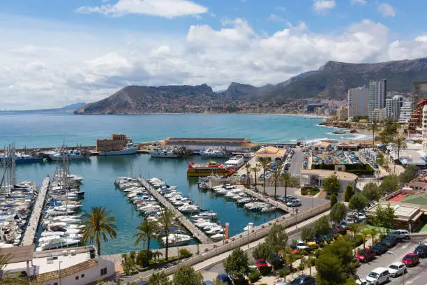 Calp Spain Alicante Valencian Community coast town and marina known for the famous rock landmark Penon de Ilfach
