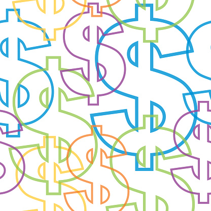Vector seamless pattern of colorful outline dollar signs on a white background.