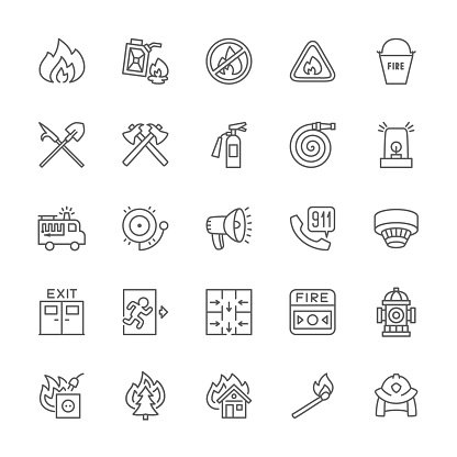 Set of Firefighter Line Icons. Fireman, Fire Truck, Pipeline Firehose Gear, Emergency Siren, Megaphone, Alarm System, Evacuation Plan, Hydrant and more.