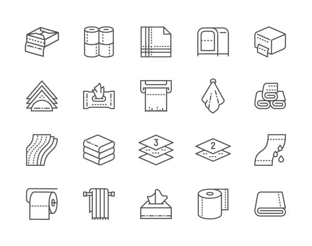 ilustrações de stock, clip art, desenhos animados e ícones de set of towels and napkins line icons. toilet rolls, holder, hand dryer and more. - tissue