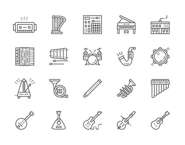 Vector illustration of Set of Musical Instruments Line Icons. Piano, Accordion, Violin, Guitar and more